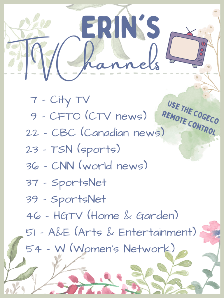 Painted Fox Co's binder page titled "TV Channels", with watercolour leaves and flowers in soft pinks and greens.