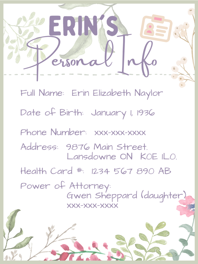 Painted Fox Co's binder page titled "Personal Info", with watercolour leaves and flowers in soft pinks and greens.