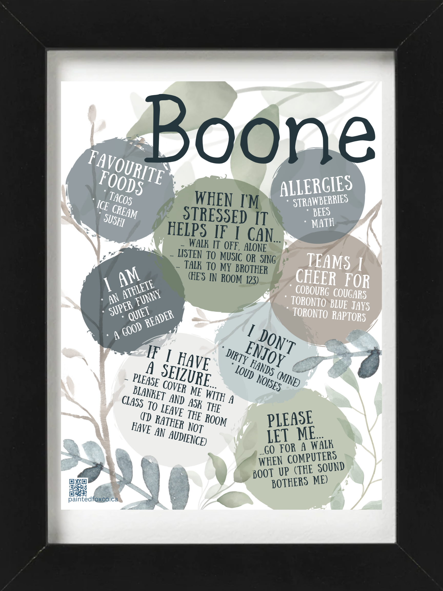 Painted Fox Co's quick-point design titled Boone, with watercolour leaves and branches in sage and midnight blue palette.