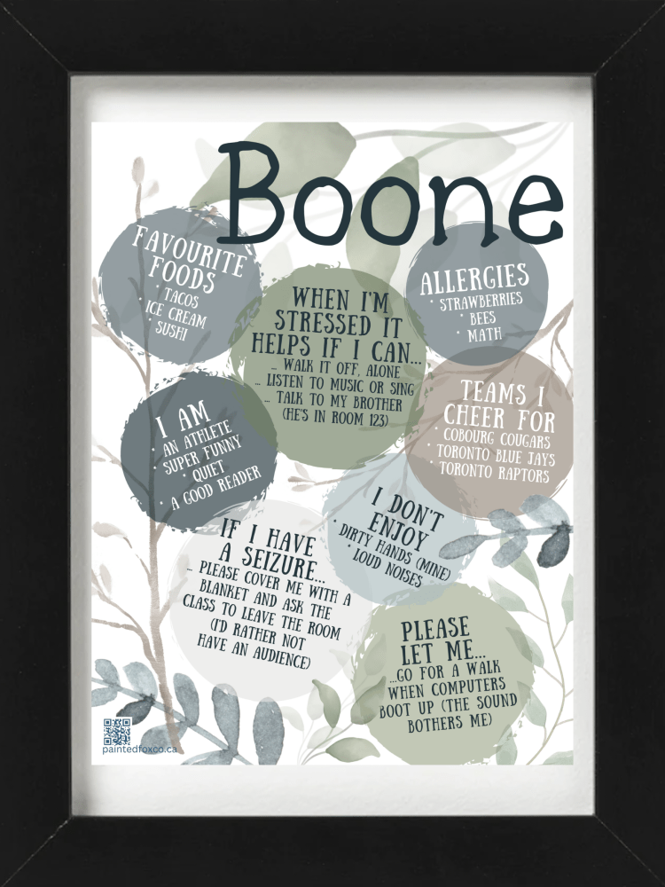 Painted Fox Co's quick-point design titled Boone, with watercolour leaves and branches in sage and midnight blue palette.
