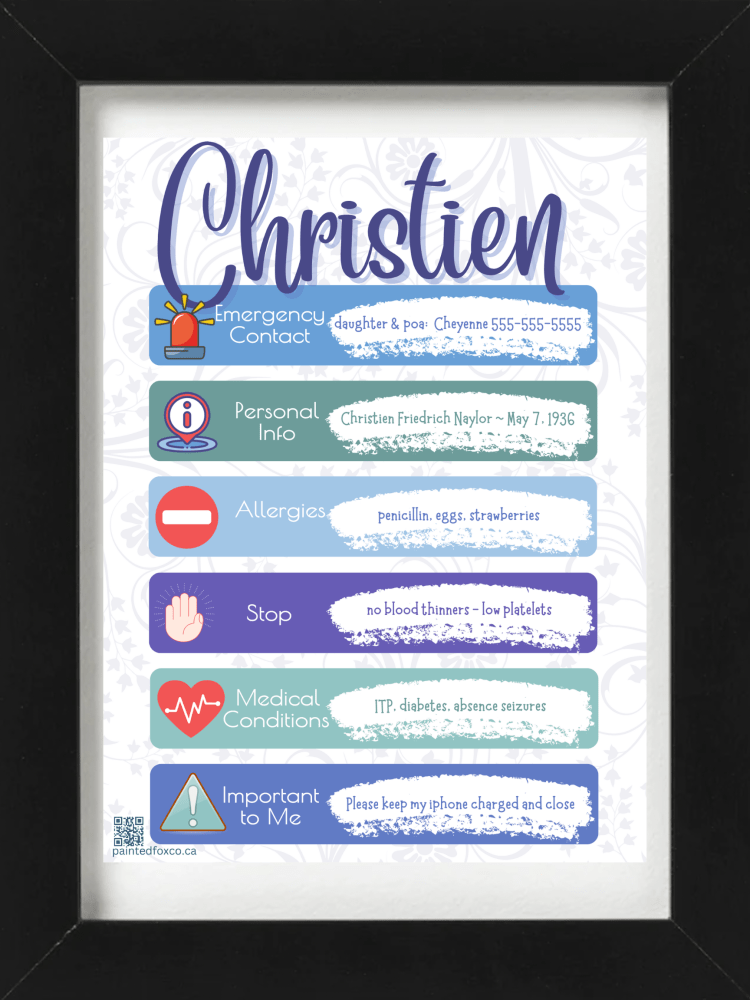Painted Fox Co's quick-point design titled Christien, with bold icons in a blue, green and purple palette.