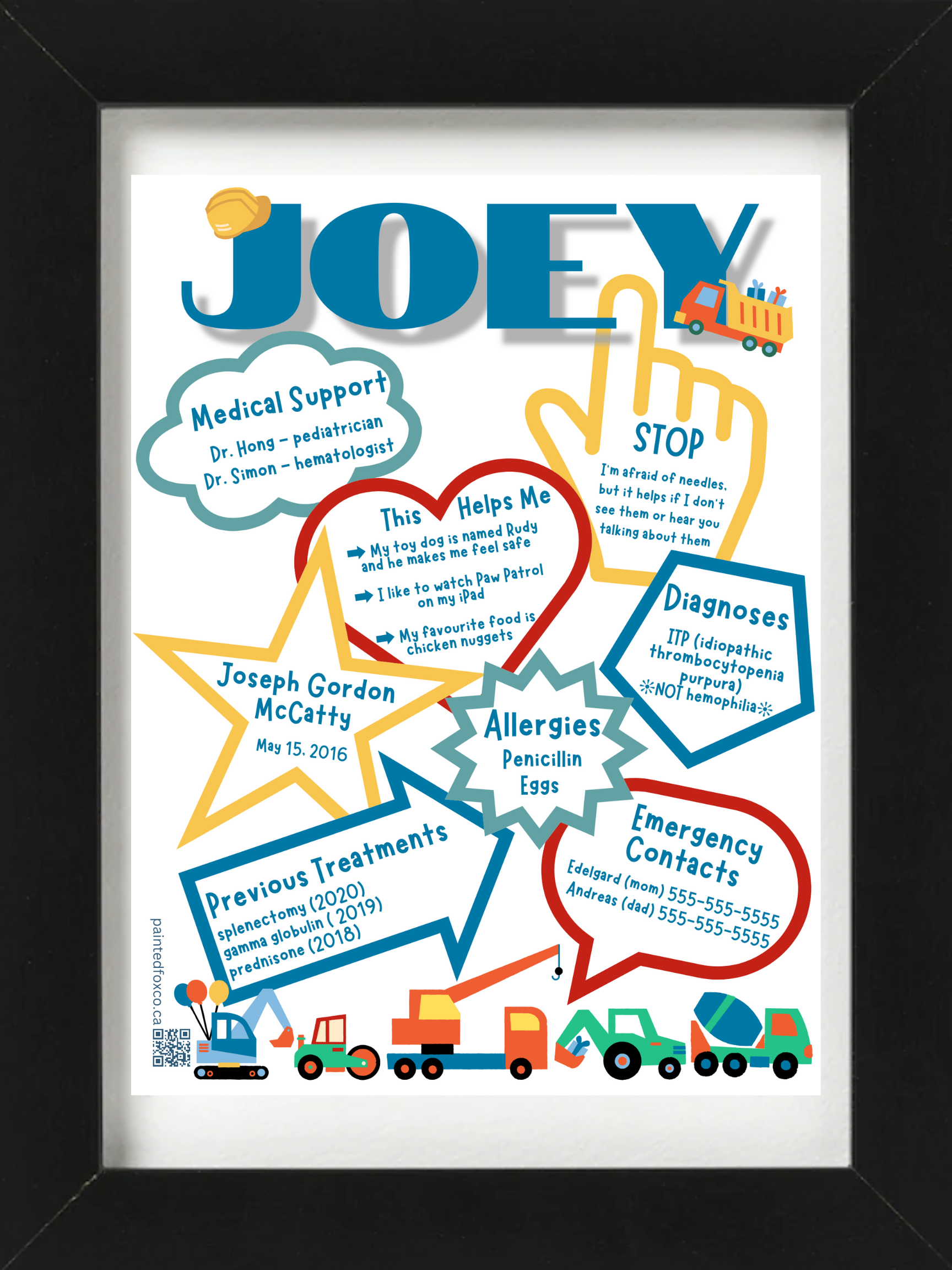 Painted Fox Co's quick-point design titled Joey, with construction design in primary colours.