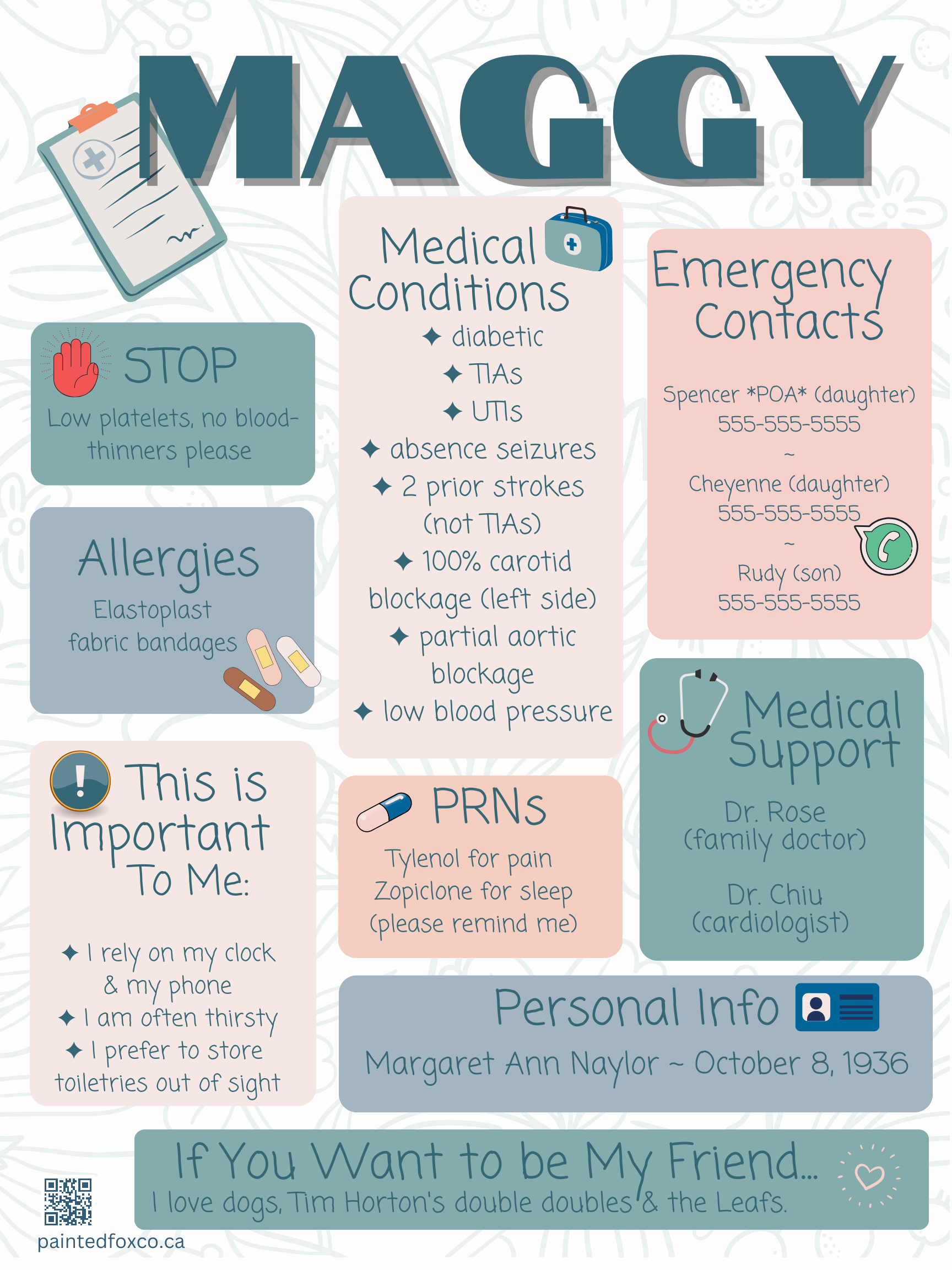 Painted Fox Co's quick-point design titled Maggy, with soft abstract background design and icons in soft pink and teal colours.